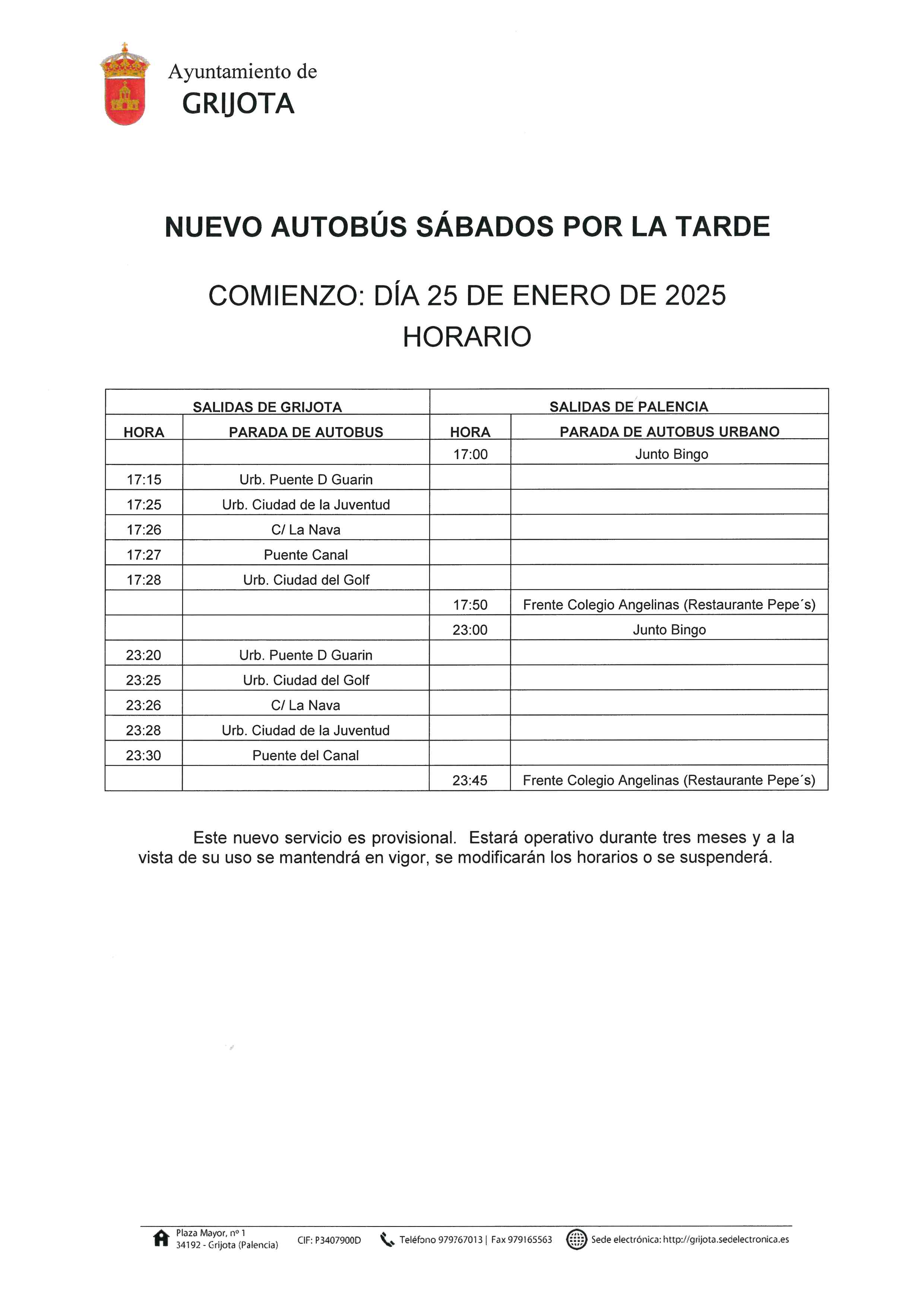 Horario Nuevo Autobús Sábados Tarde